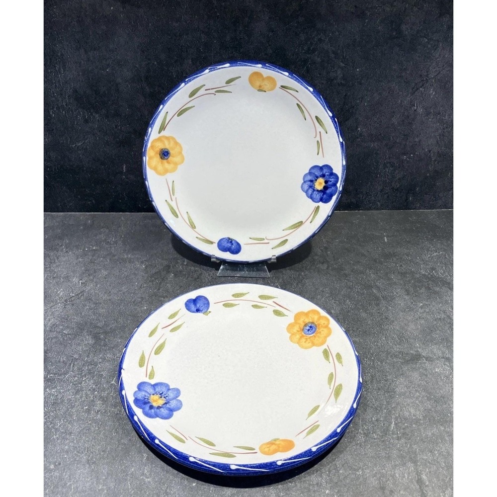 Furio La Spezia Blue and Yellow Flower 8" Salad / Luncheon Plate Italy Set of 2